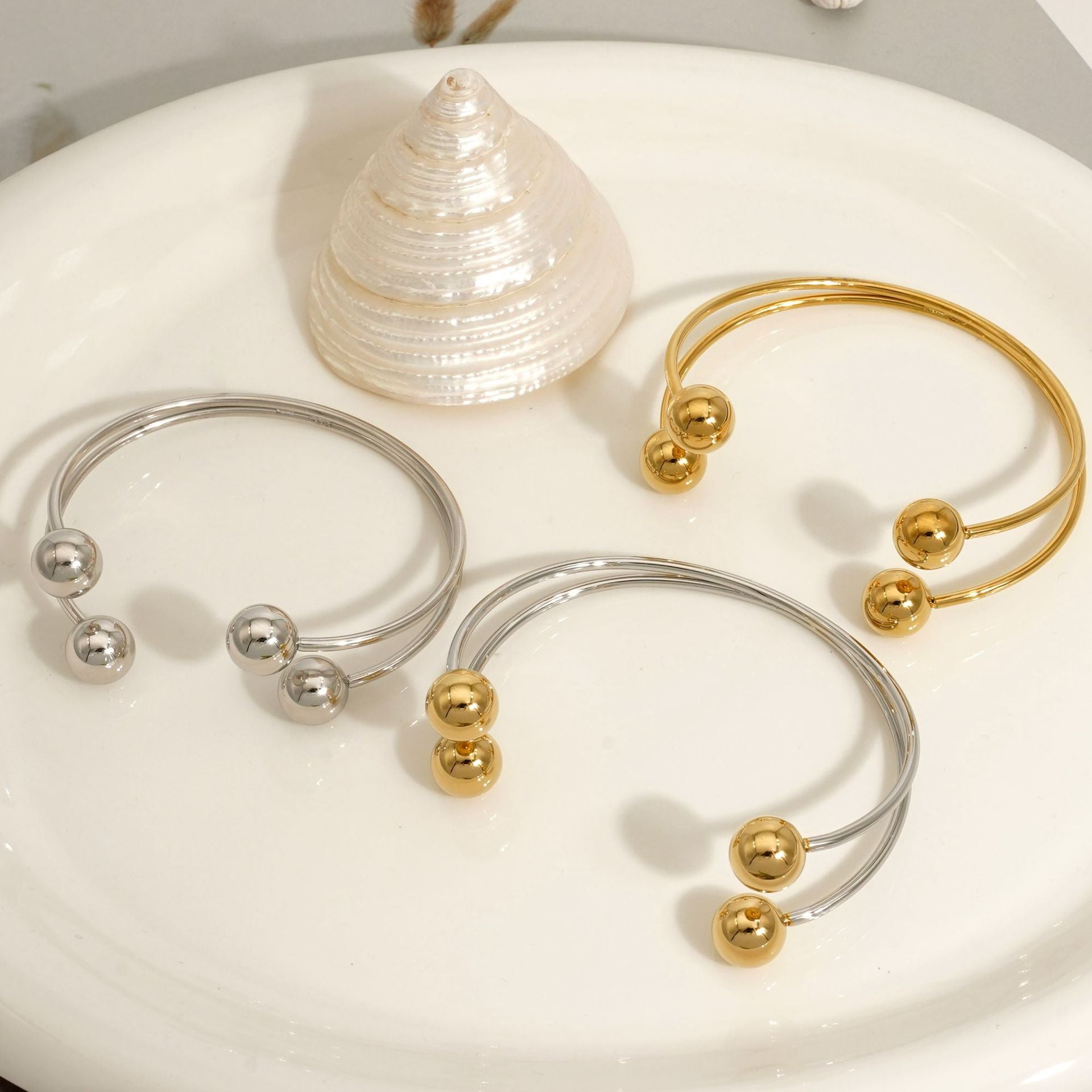 Wholesale Fashion Cuff Bracelets for Girls Real Gold PVD Plated Stainless Steel Open Bangle with Little Round Balls