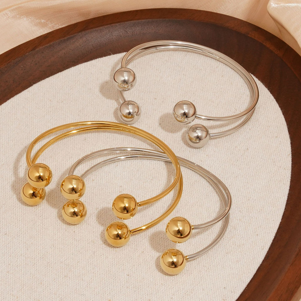 Wholesale Fashion Cuff Bracelets for Girls Real Gold PVD Plated Stainless Steel Open Bangle with Little Round Balls