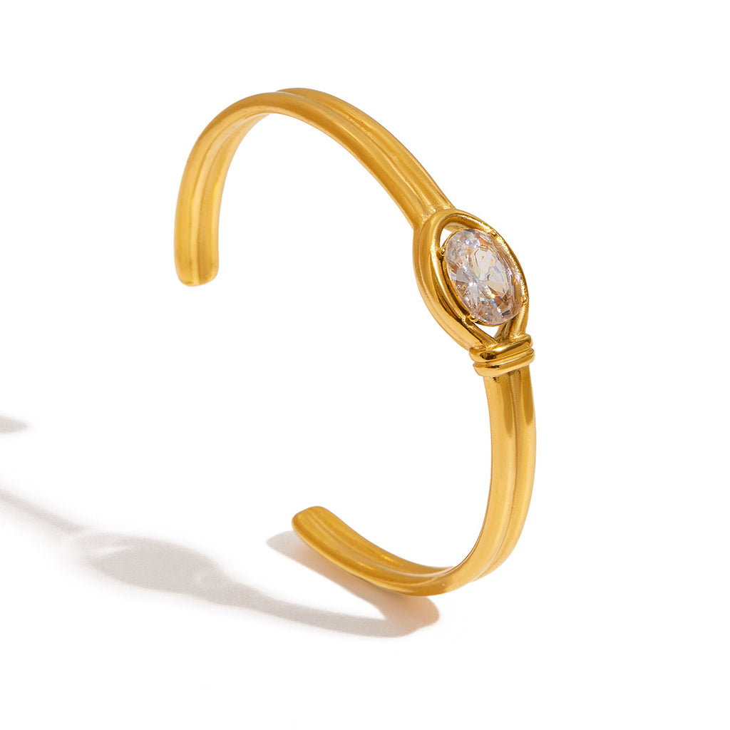 Customizable 18K Gold PVD Plated Stainless Steel Open Bangles Fashion White Zircon Cuff Bracelets for Girls