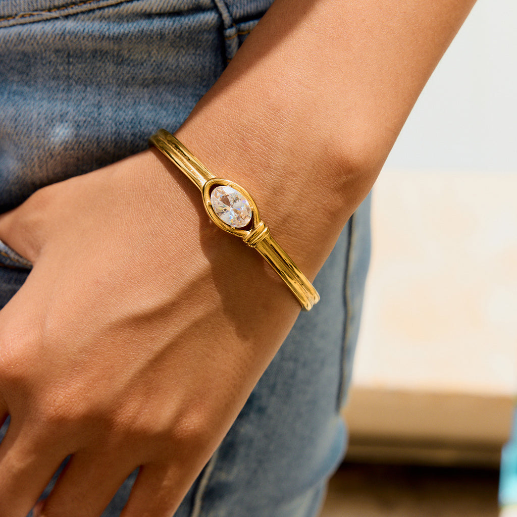 Customizable 18K Gold PVD Plated Stainless Steel Open Bangles Fashion White Zircon Cuff Bracelets for Girls