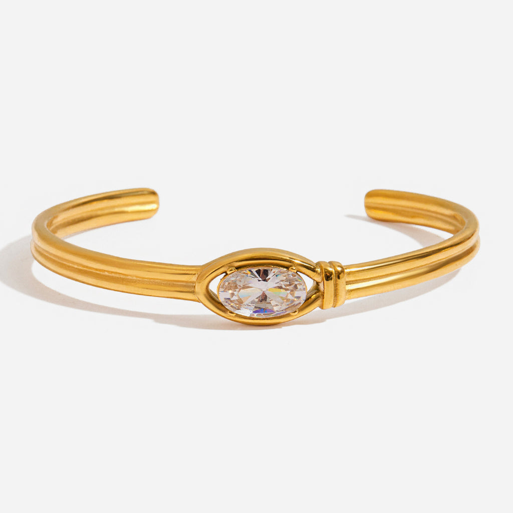 Customizable 18K Gold PVD Plated Stainless Steel Open Bangles Fashion White Zircon Cuff Bracelets for Girls