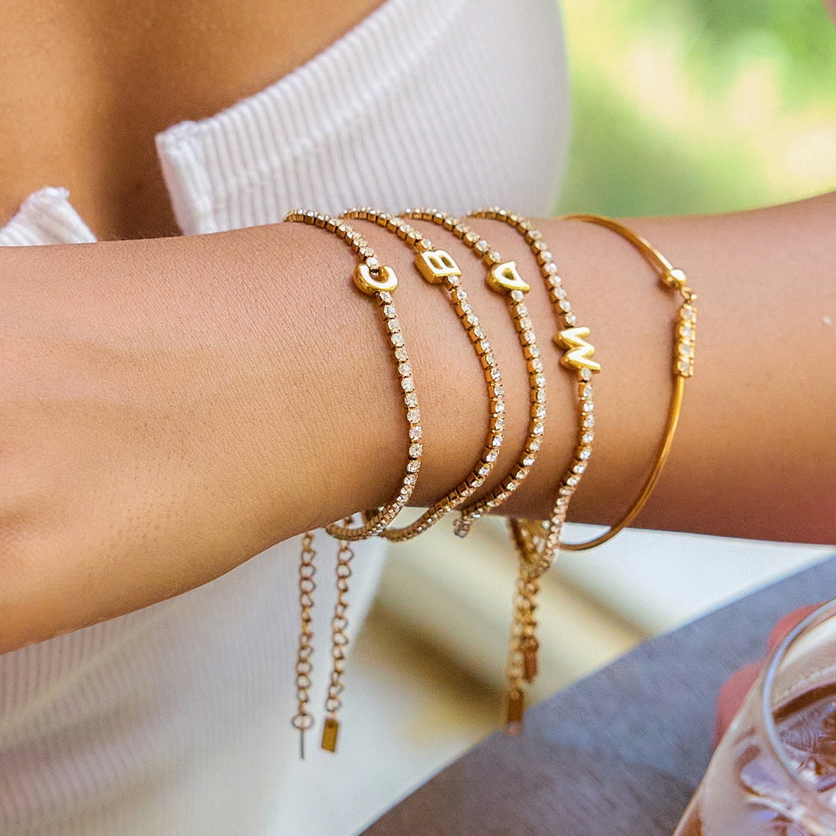 Trendy Real Gold Plated Stainless Steel Bracelet for Girls White Zircon 26 Letters for Special Occasions & Anniversaries Gift