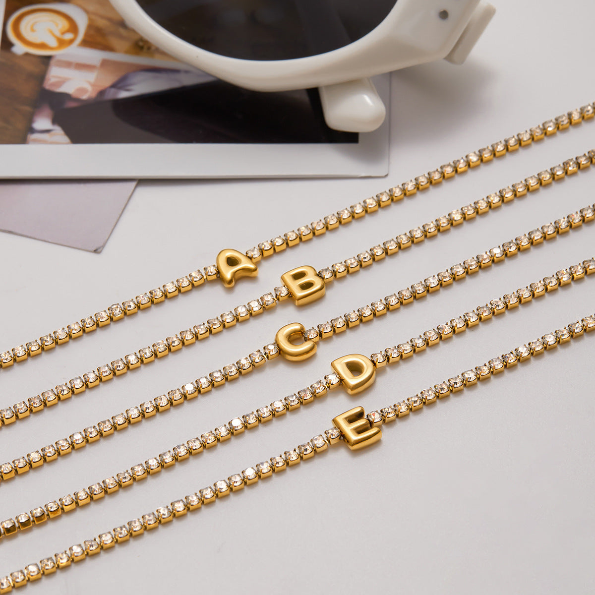 Trendy Real Gold Plated Stainless Steel Bracelet for Girls White Zircon 26 Letters for Special Occasions & Anniversaries Gift