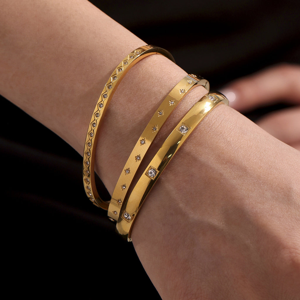 Wholesale Factory-Approved Stainless Steel Cuff Bracelets White Zircon Waterproof Gold Plating Open-Close Design Fashion Jewelry