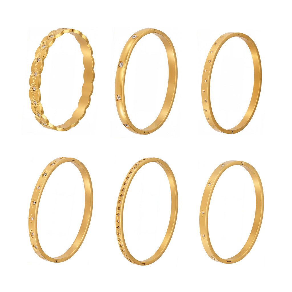 Wholesale Factory-Approved Stainless Steel Cuff Bracelets White Zircon Waterproof Gold Plating Open-Close Design Fashion Jewelry