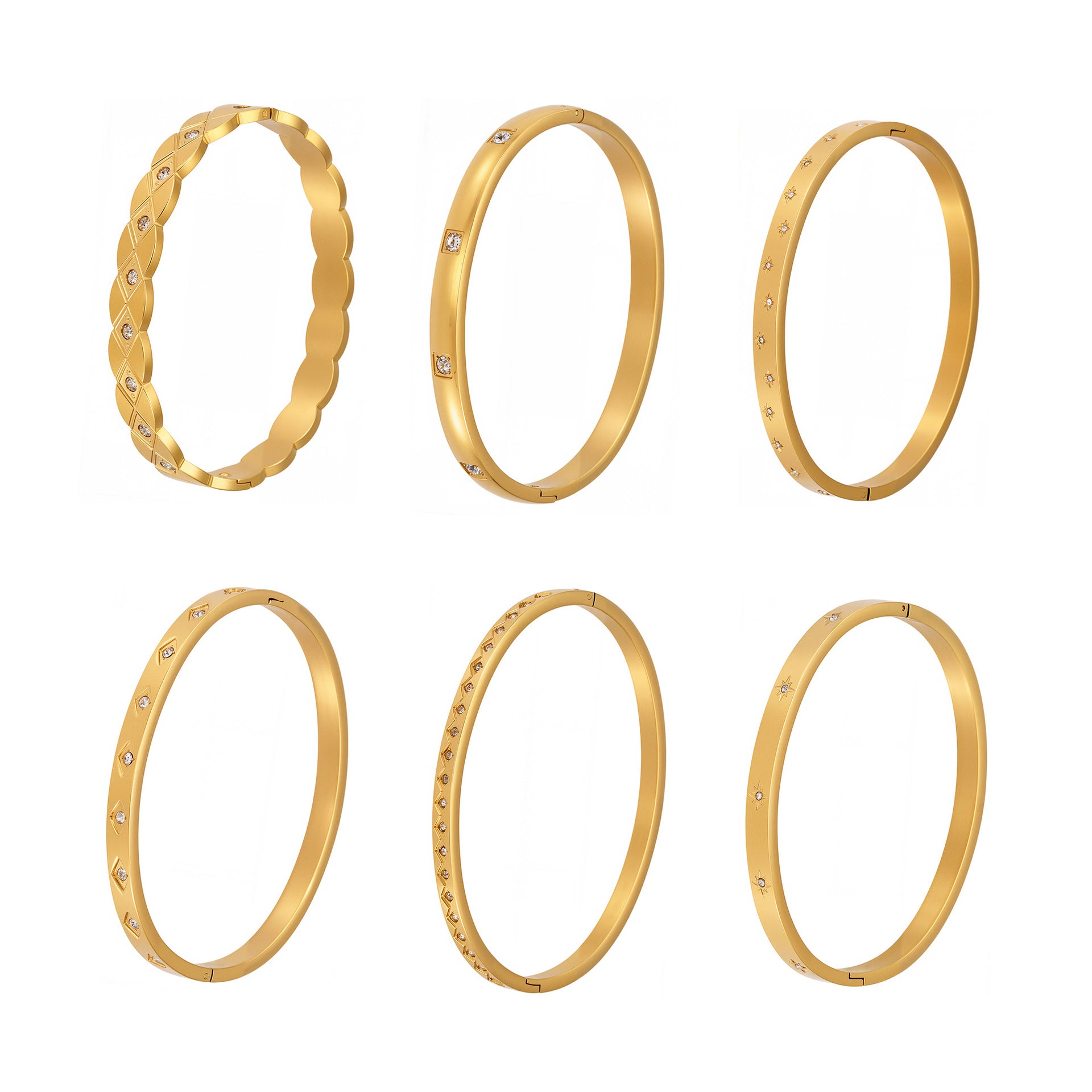 Wholesale Factory-Approved Stainless Steel Cuff Bracelets White Zircon Waterproof Gold Plating Open-Close Design Fashion Jewelry