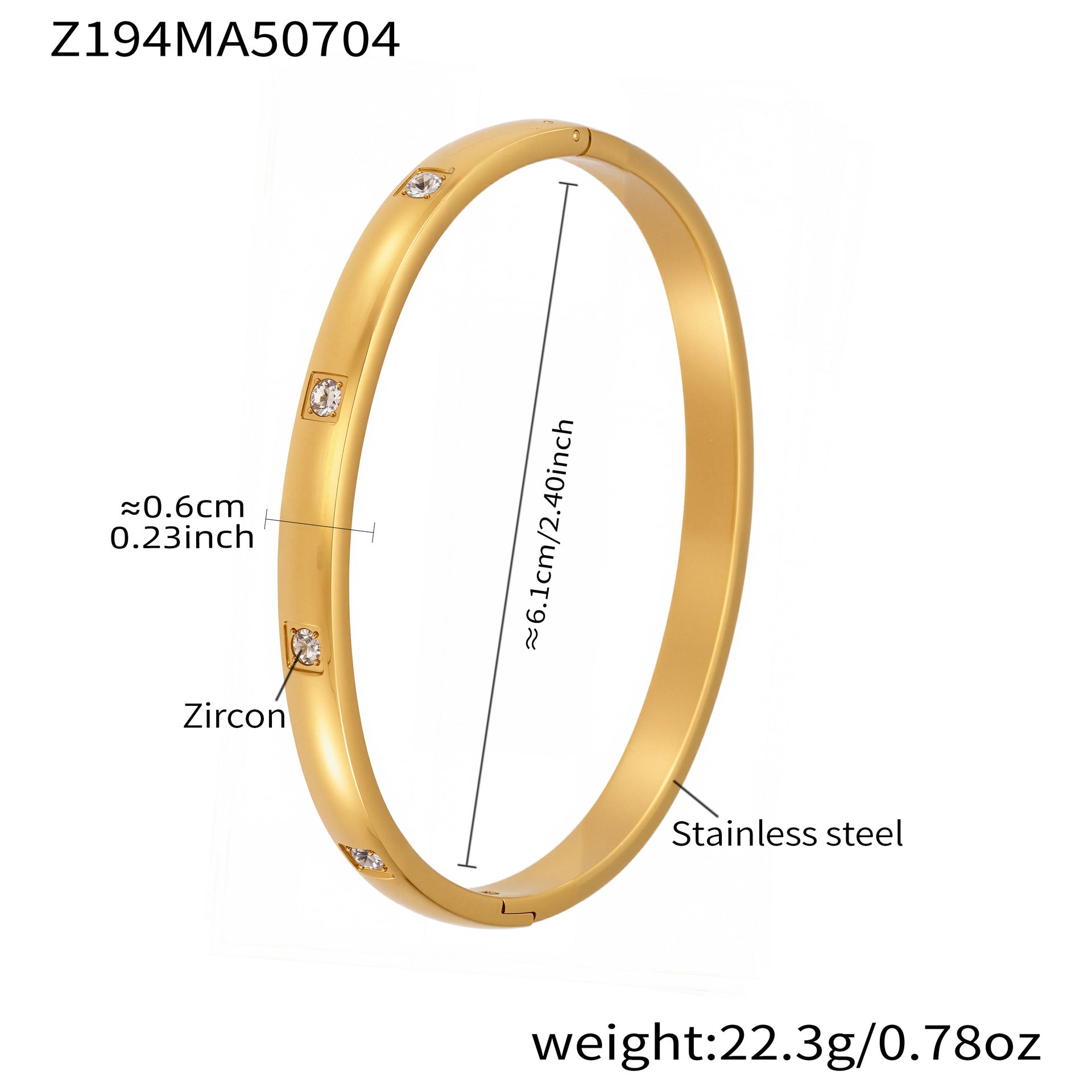 Wholesale Factory-Approved Stainless Steel Cuff Bracelets White Zircon Waterproof Gold Plating Open-Close Design Fashion Jewelry