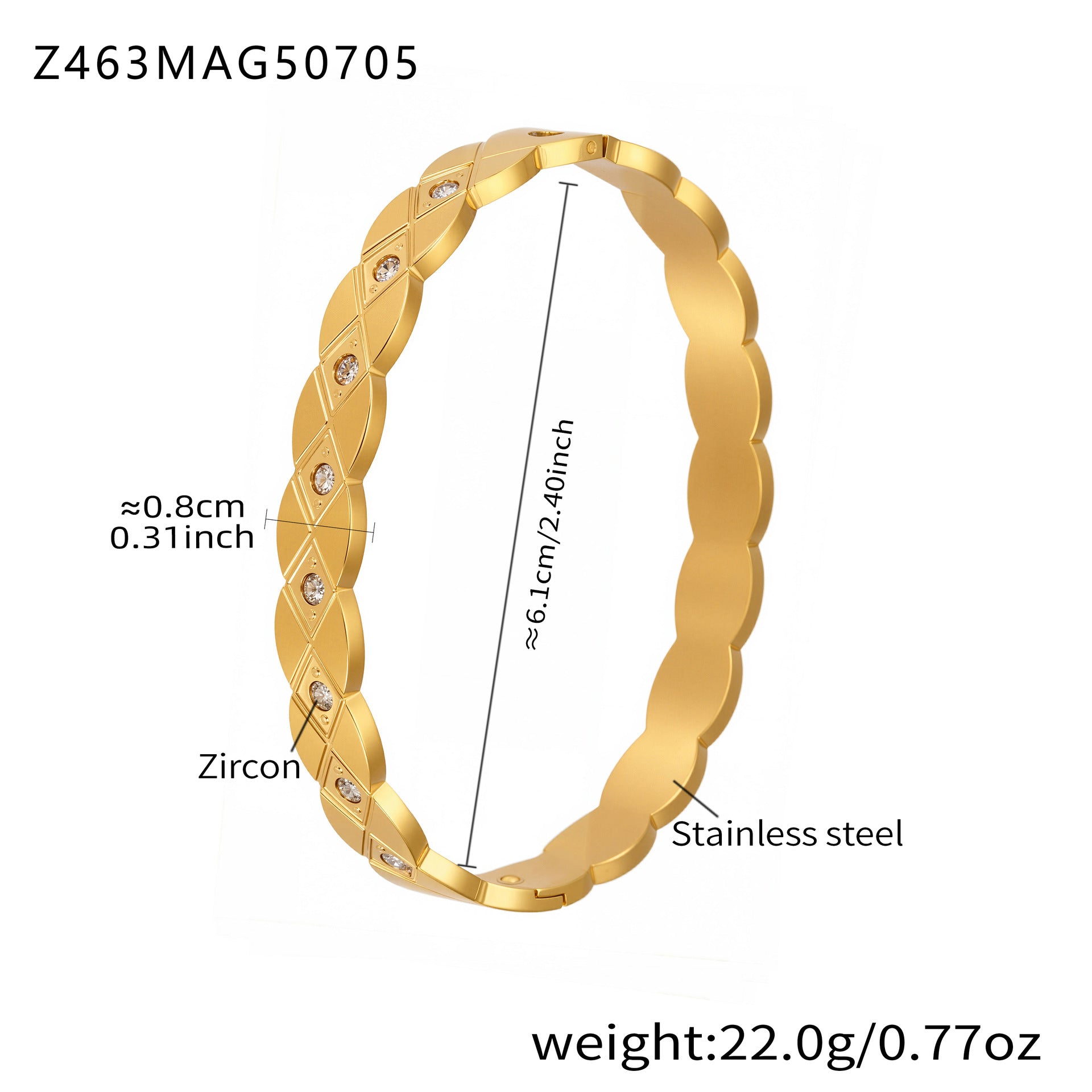 Wholesale Factory-Approved Stainless Steel Cuff Bracelets White Zircon Waterproof Gold Plating Open-Close Design Fashion Jewelry