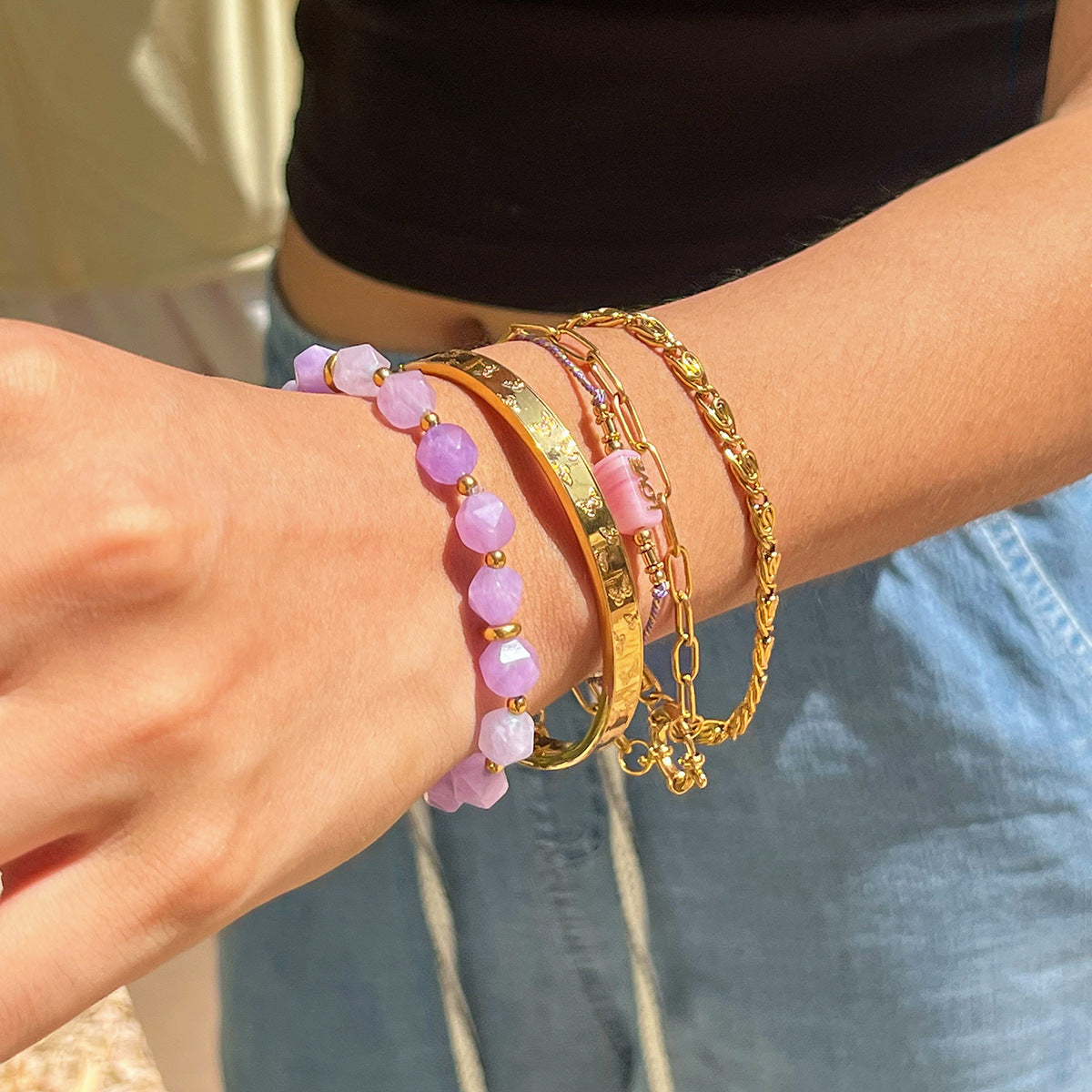 Customizable Girls Fashion Jewelry Bracelets Trendy Natural Stone Beads on Elastic with Stainless Steel for Gifts