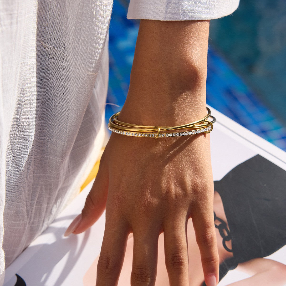 Real Gold 18k Plated Stainless Steel Zirconia 2 Tone Women's Bracelet
