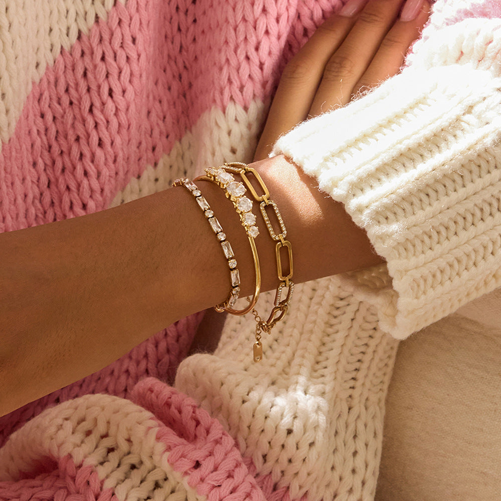 Real Gold PVD Plated Stainless Steel Bangles with White Zircons Zircon Bracelets Jewelry Bracelet
