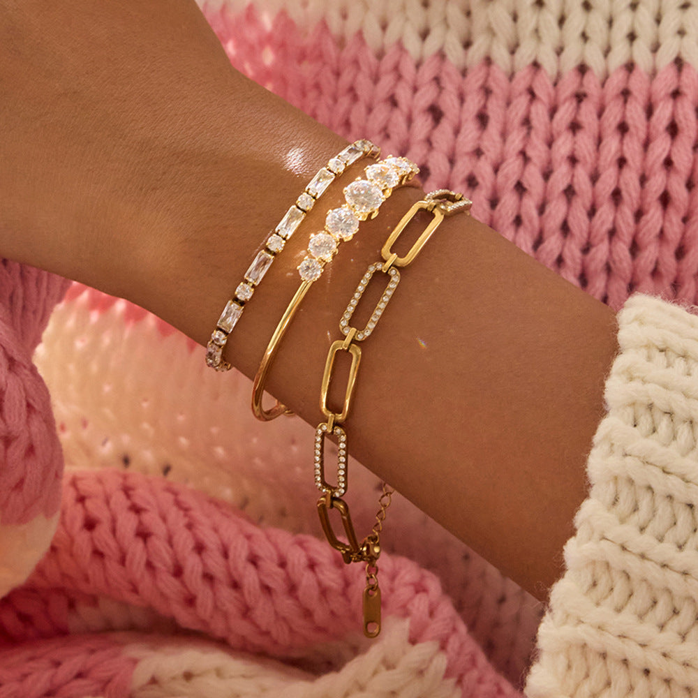 Real Gold PVD Plated Stainless Steel Bangles with White Zircons Zircon Bracelets Jewelry Bracelet