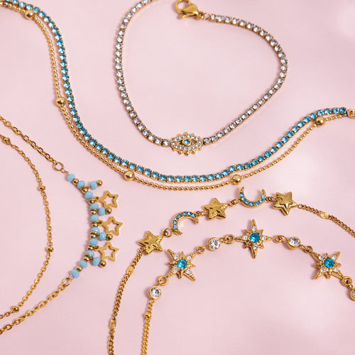 18K Gold Plated Stainless Steel Bracelet with Diamond-Shaped Gemstones Trendy Holiday-Style Decorative Chain for Vacations Gifts