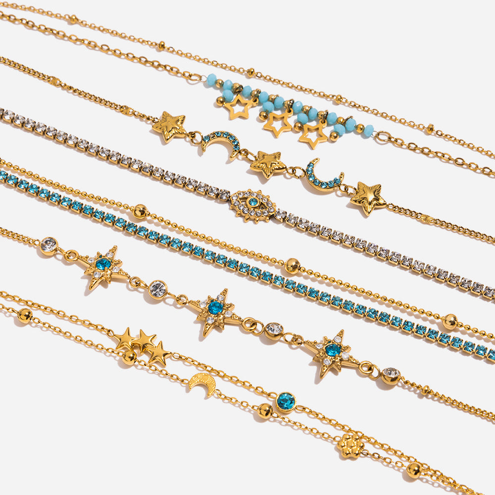 18K Gold Plated Stainless Steel Bracelet with Diamond-Shaped Gemstones Trendy Holiday-Style Decorative Chain for Vacations Gifts