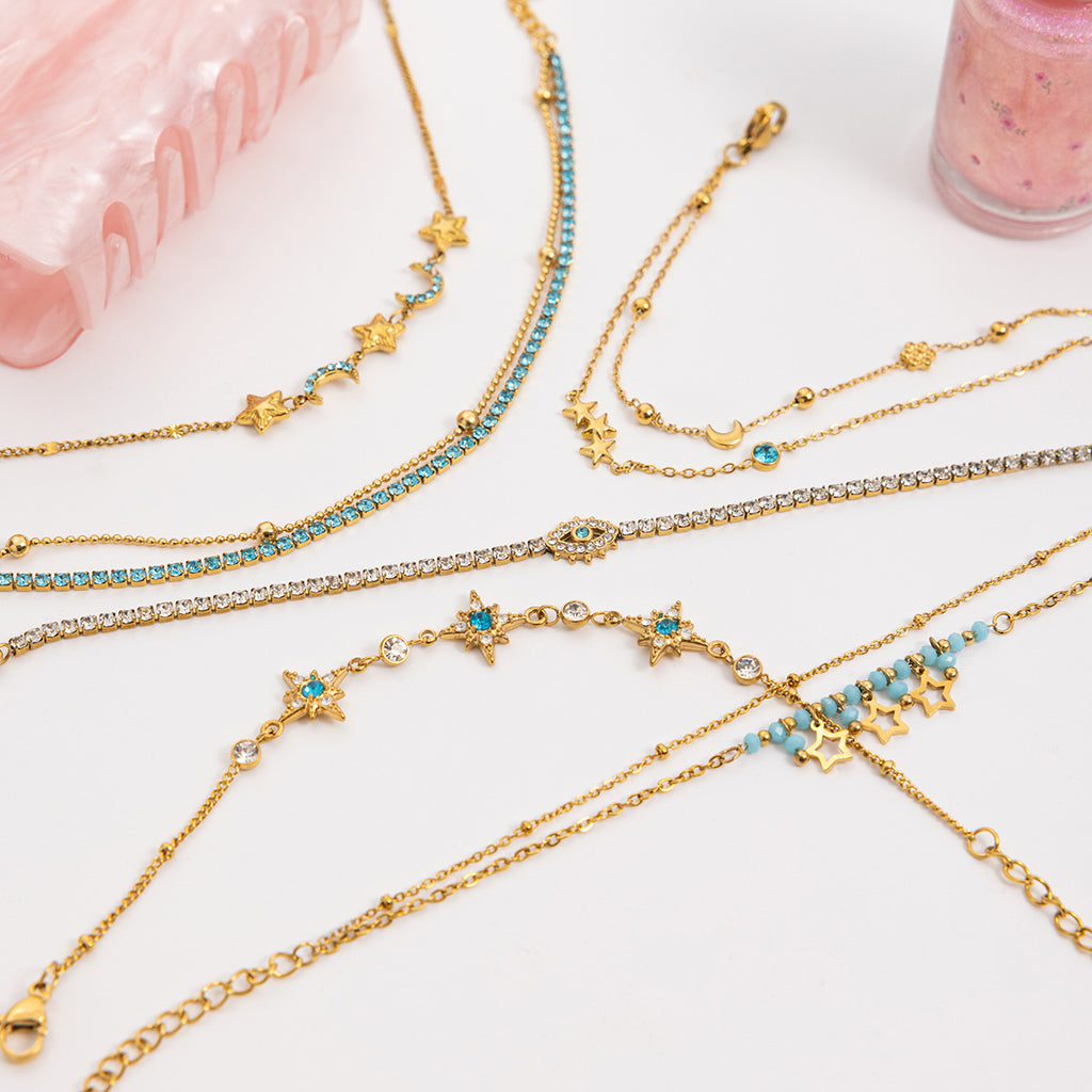 18K Gold Plated Stainless Steel Bracelet with Diamond-Shaped Gemstones Trendy Holiday-Style Decorative Chain for Vacations Gifts