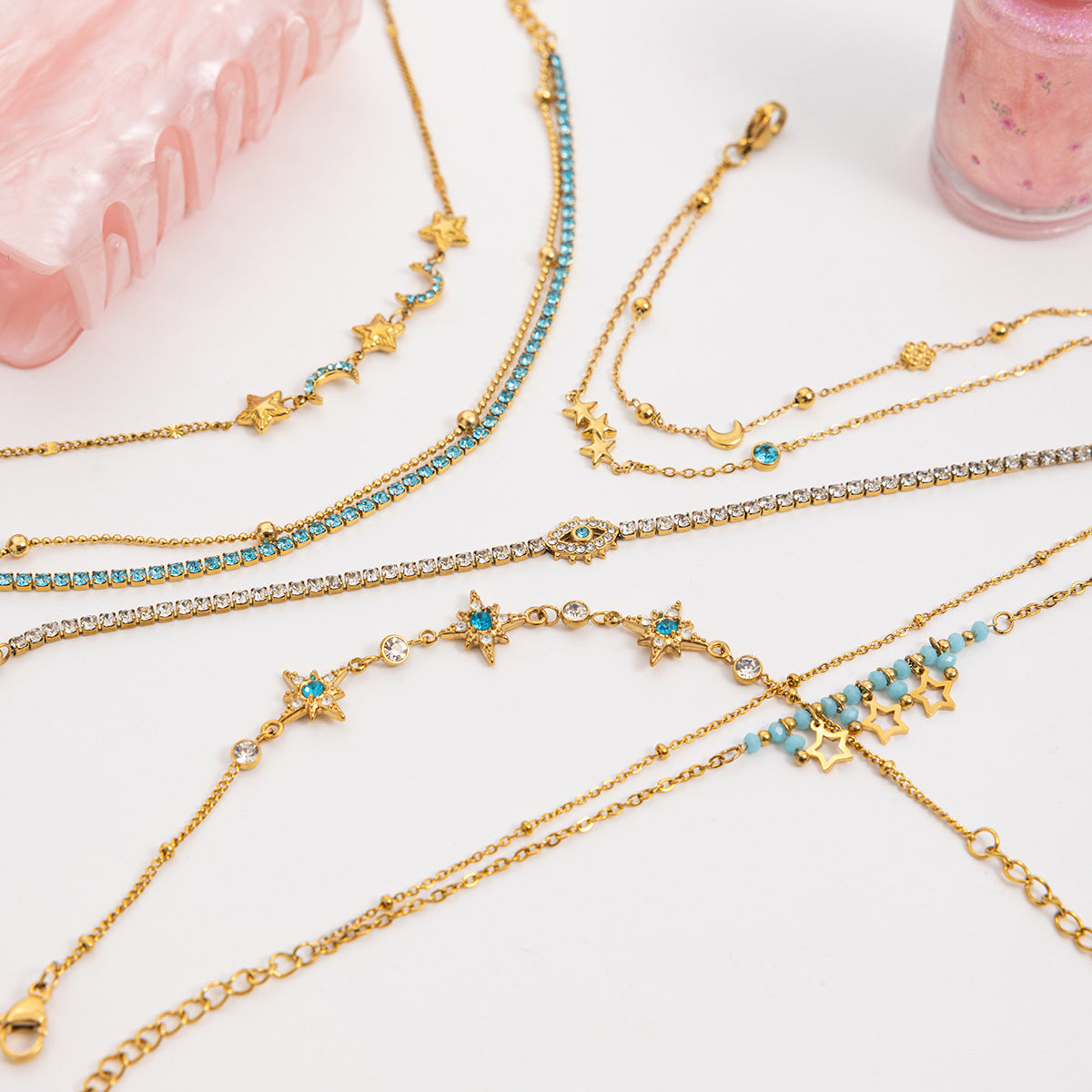 18K Gold Plated Stainless Steel Bracelet with Diamond-Shaped Gemstones Trendy Holiday-Style Decorative Chain for Vacations Gifts