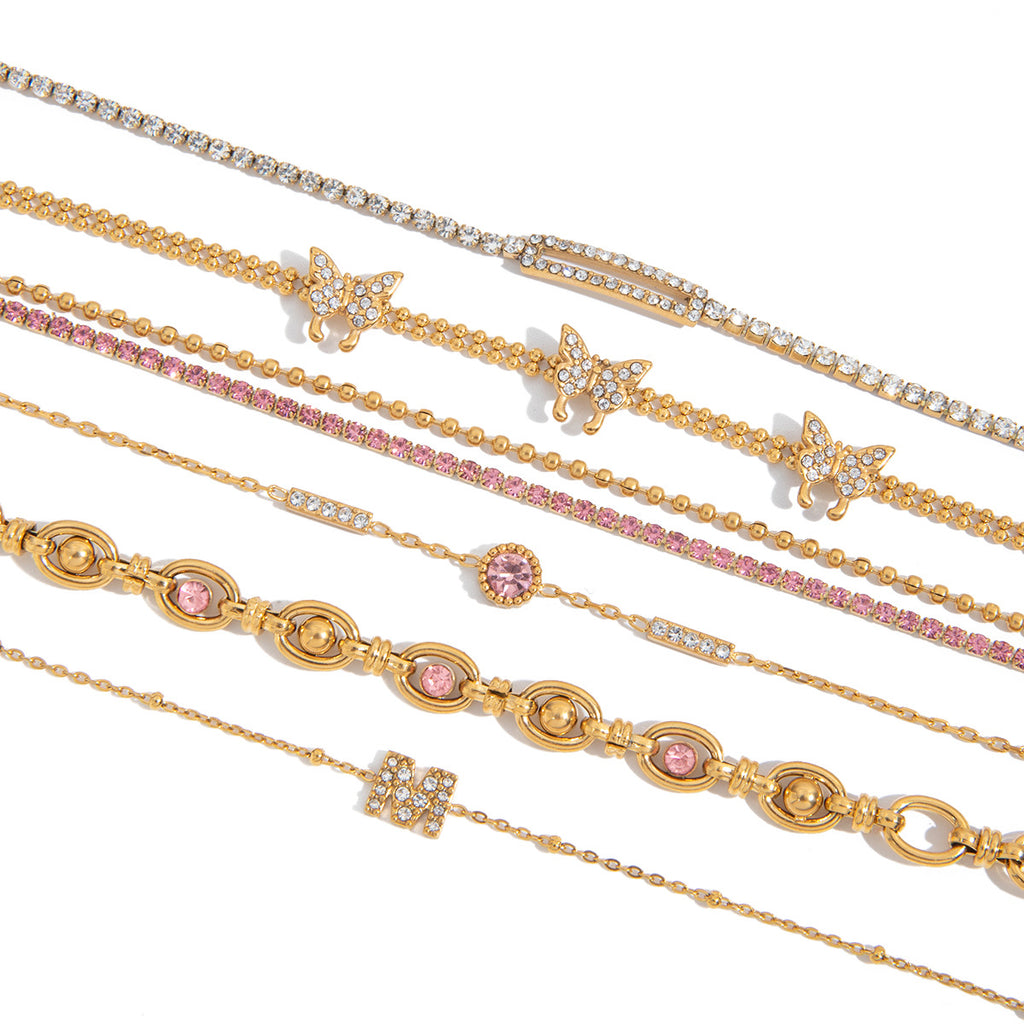Real Gold Plated Stainless Steel Diamond-Shaped Zircons Bracelet Holiday-Style Decorative Chain for Vacation or Gift