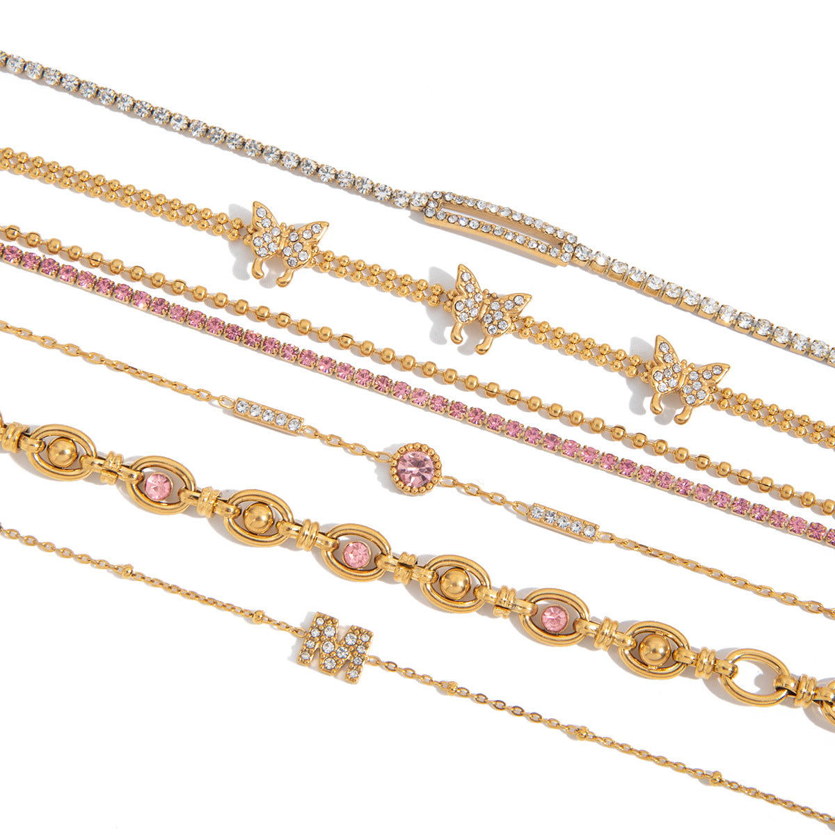 Real Gold Plated Stainless Steel Diamond-Shaped Zircons Bracelet Holiday-Style Decorative Chain for Vacation or Gift
