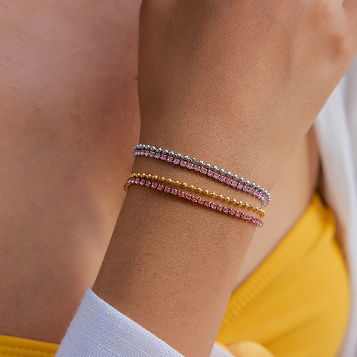 Real Gold Plated Stainless Steel Diamond-Shaped Zircons Bracelet Holiday-Style Decorative Chain for Vacation or Gift