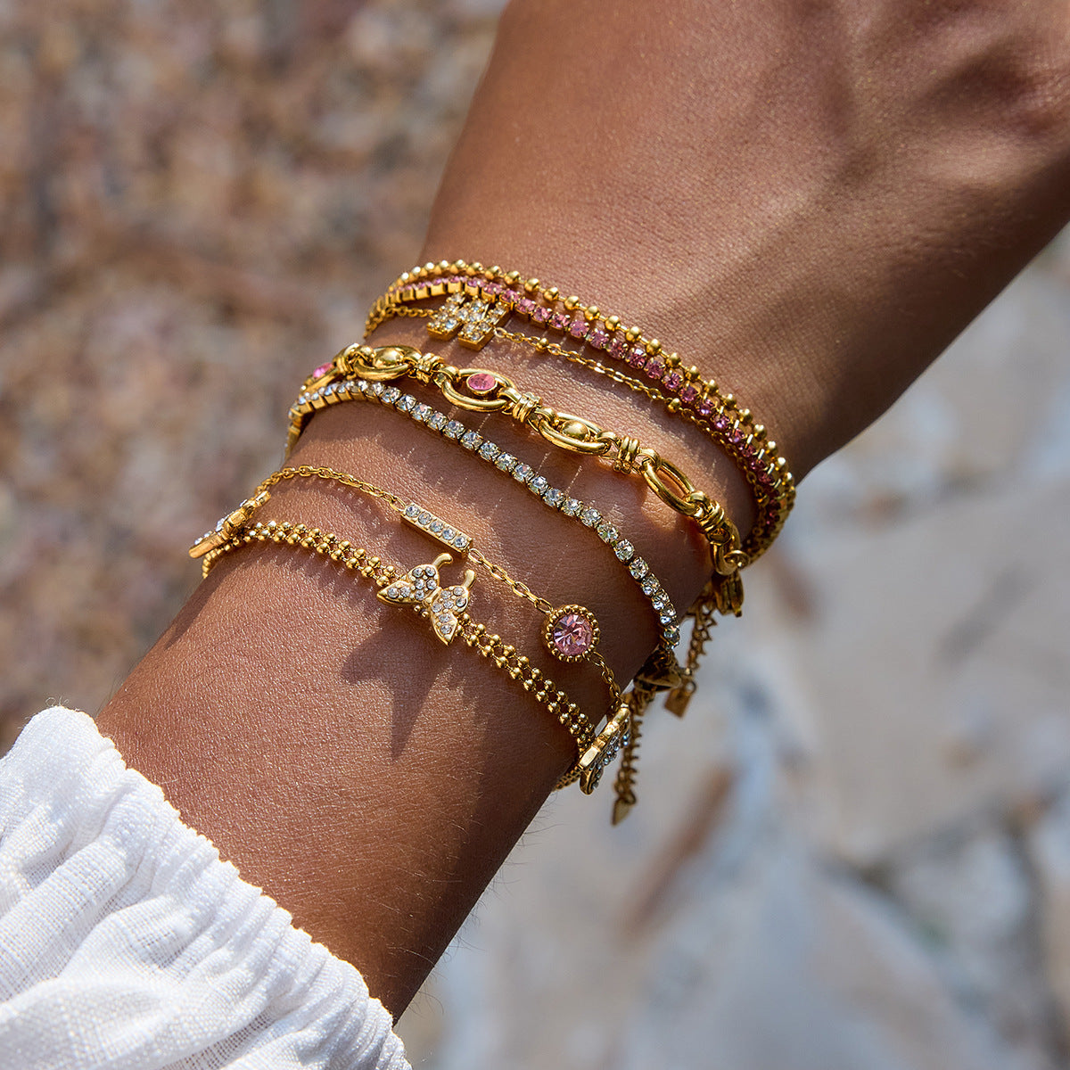 Real Gold Plated Stainless Steel Diamond-Shaped Zircons Bracelet Holiday-Style Decorative Chain for Vacation or Gift