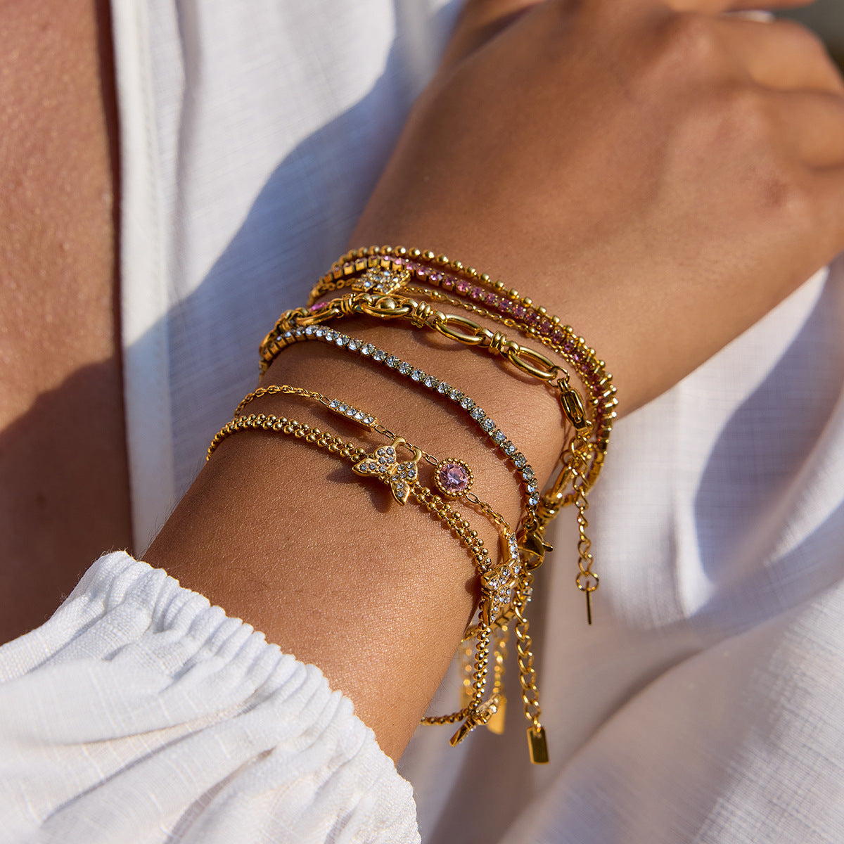 Real Gold Plated Stainless Steel Diamond-Shaped Zircons Bracelet Holiday-Style Decorative Chain for Vacation or Gift