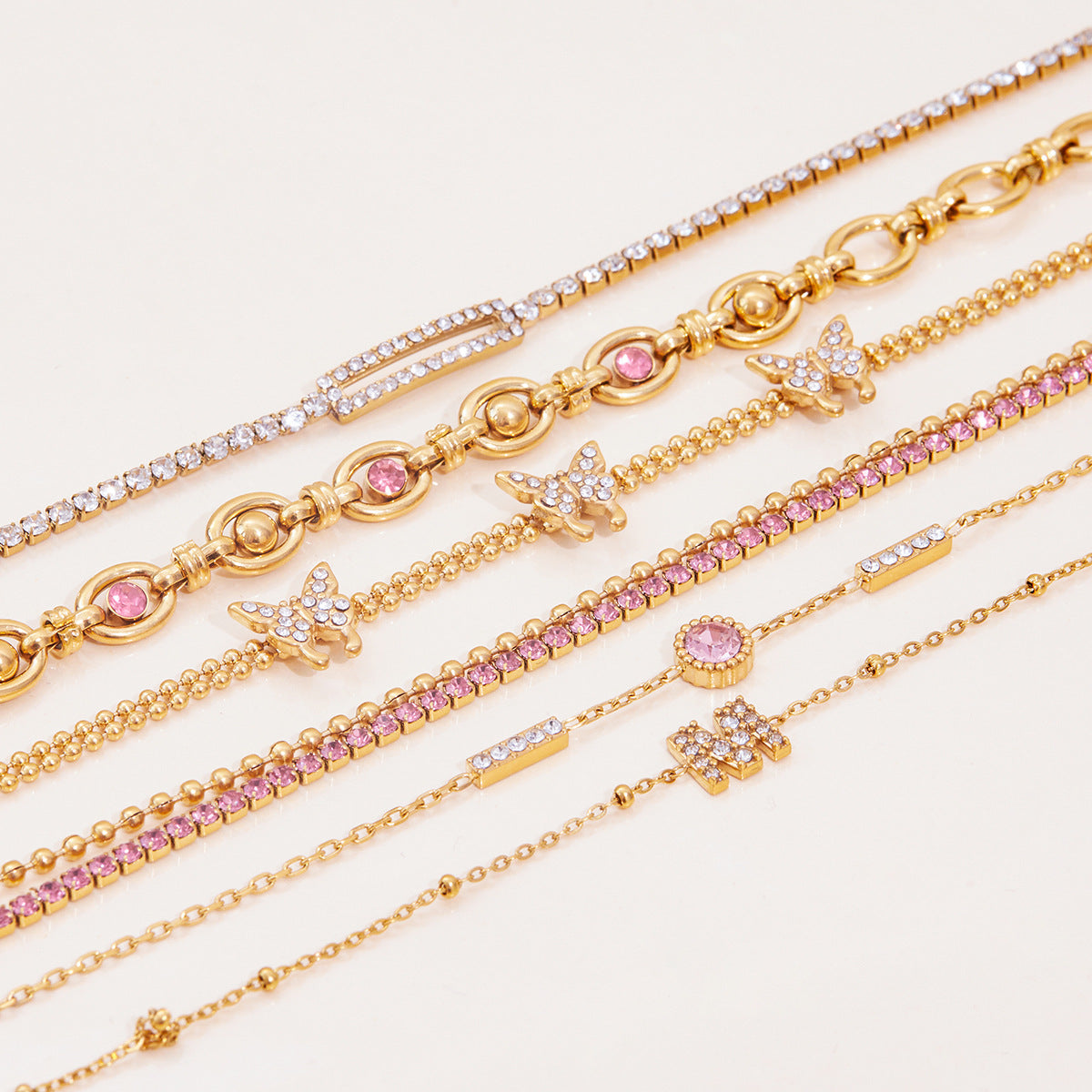 Real Gold Plated Stainless Steel Diamond-Shaped Zircons Bracelet Holiday-Style Decorative Chain for Vacation or Gift