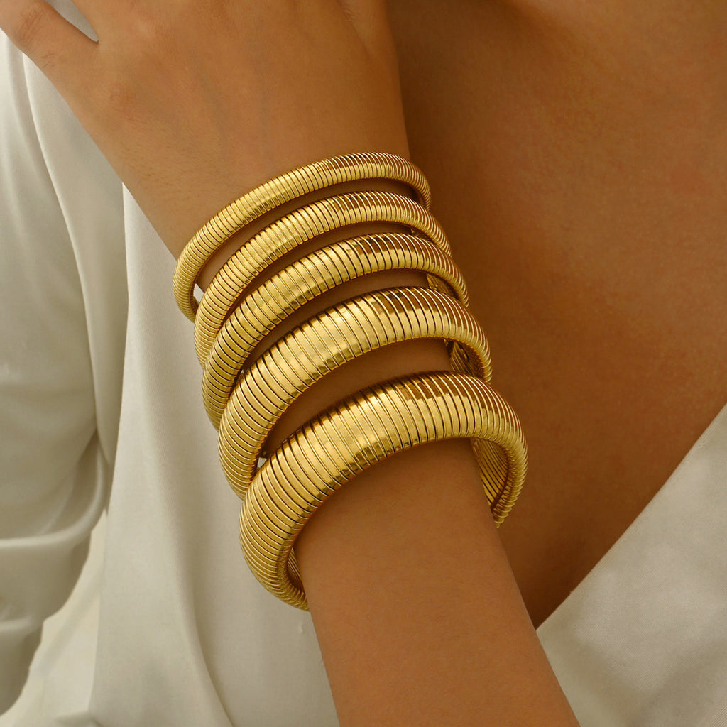 Women's Cute Stainless Steel Bangle with 18K Gold Plating Elastic Closure-Trendy Gift Jewelry