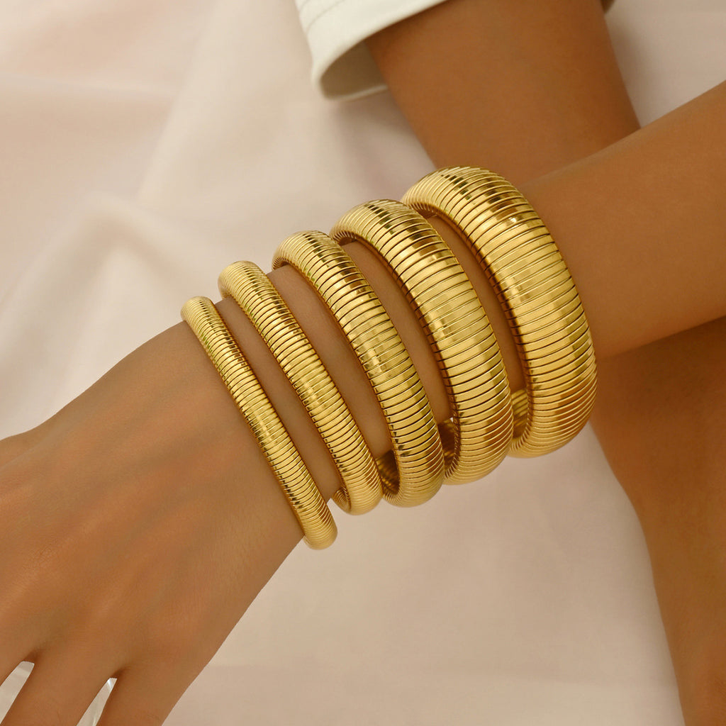 Women's Cute Stainless Steel Bangle with 18K Gold Plating Elastic Closure-Trendy Gift Jewelry