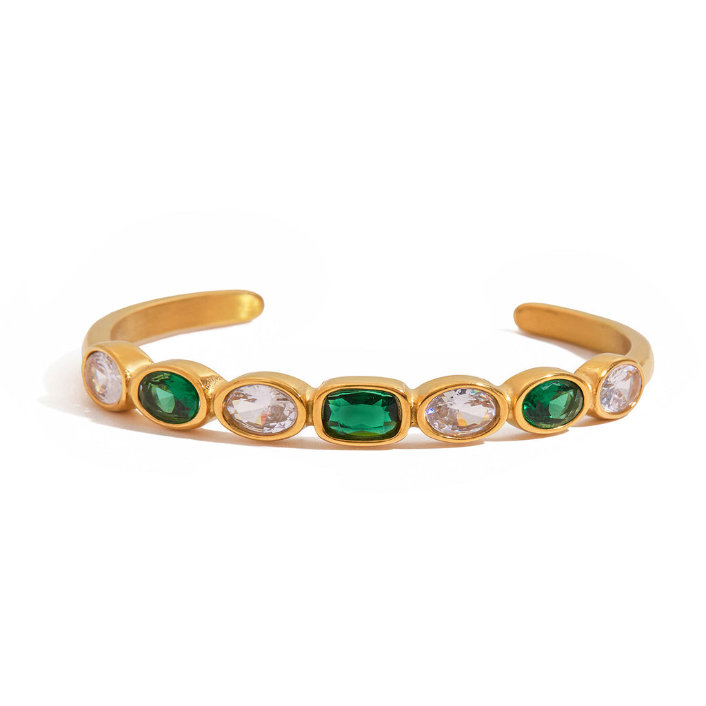 Wholesale Open Bangle Fashion Cuff Bracelets Real Gold PVD Plated Stainless Steel with White Green Zircons for Girls