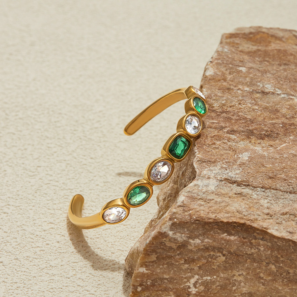Wholesale Open Bangle Fashion Cuff Bracelets Real Gold PVD Plated Stainless Steel with White Green Zircons for Girls