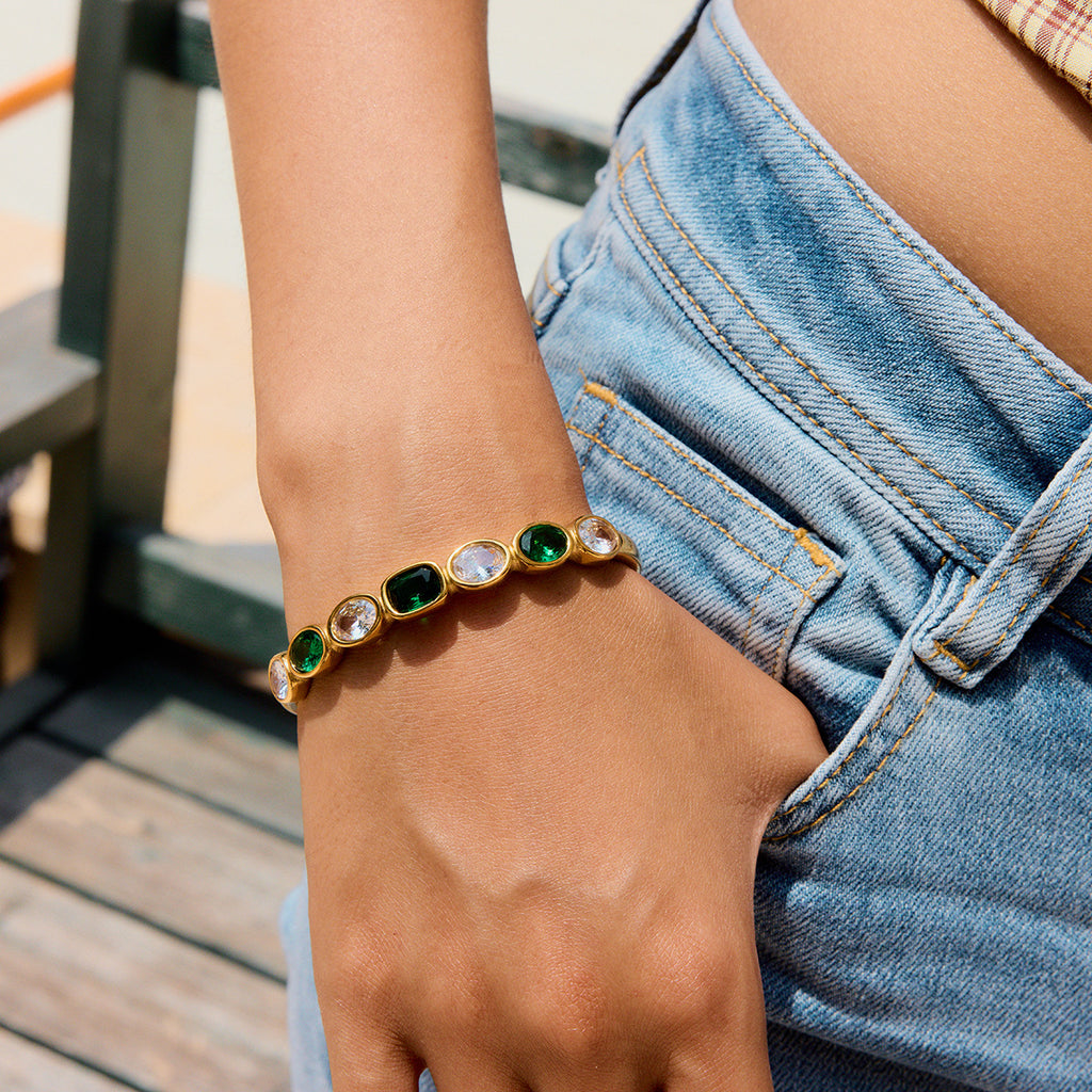 Wholesale Open Bangle Fashion Cuff Bracelets Real Gold PVD Plated Stainless Steel with White Green Zircons for Girls