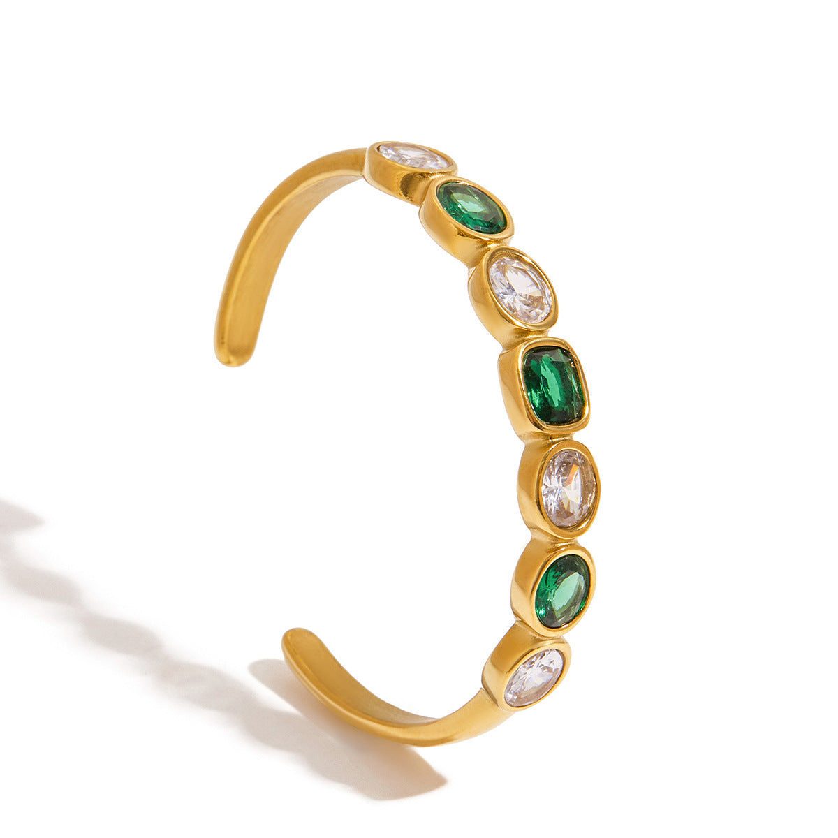 Wholesale Open Bangle Fashion Cuff Bracelets Real Gold PVD Plated Stainless Steel with White Green Zircons for Girls