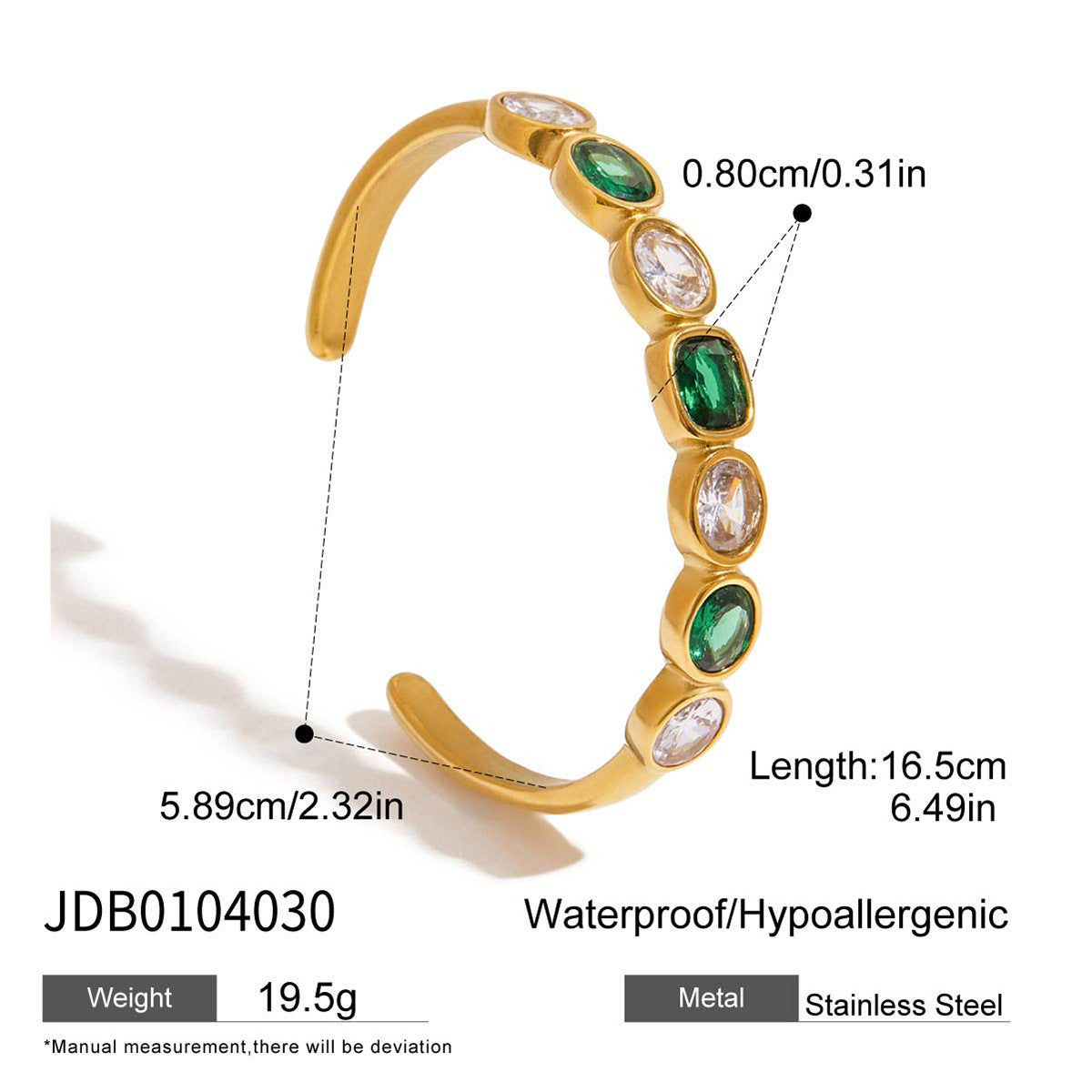 Wholesale Open Bangle Fashion Cuff Bracelets Real Gold PVD Plated Stainless Steel with White Green Zircons for Girls