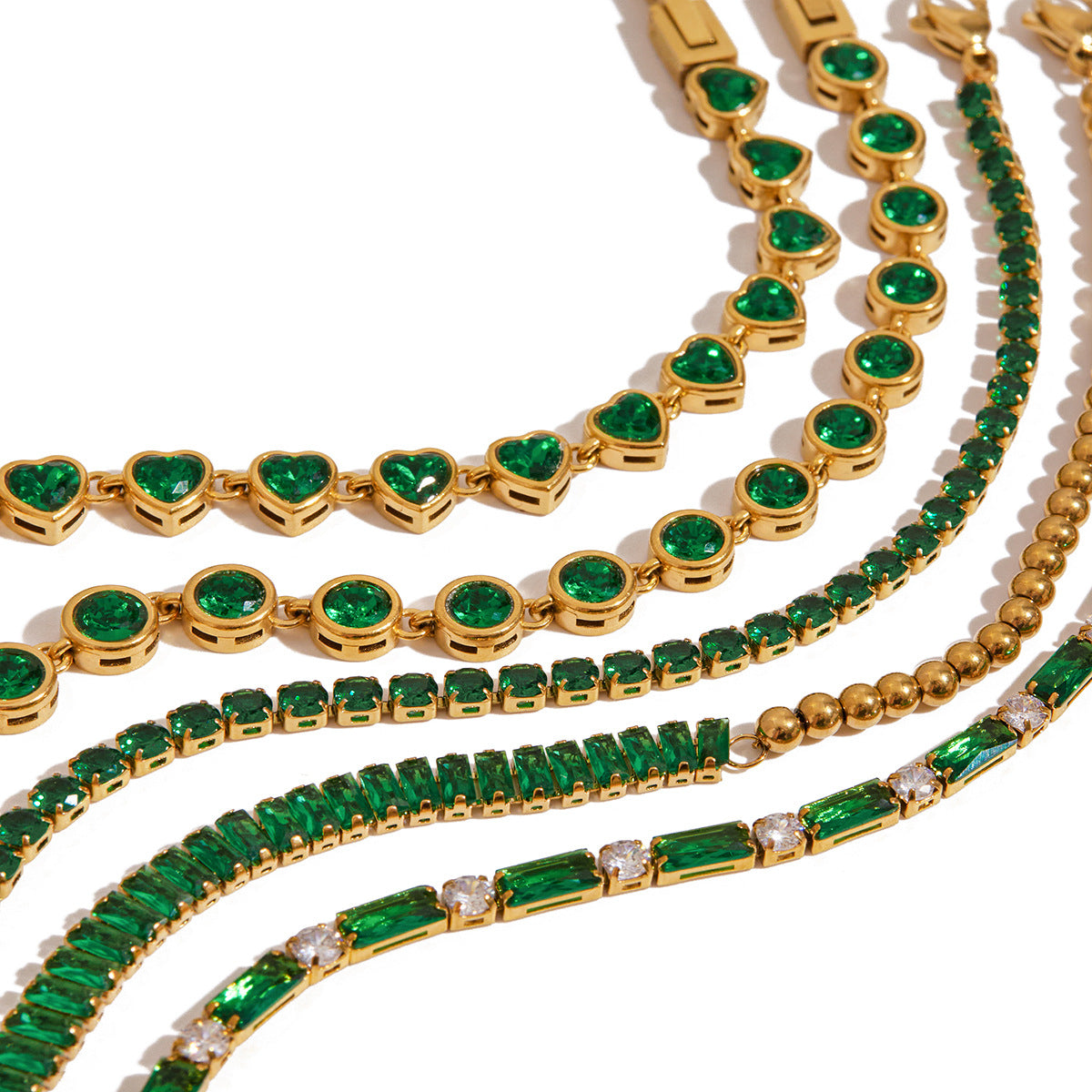 Trendy Real Gold Plated Stainless Steel Bracelet Diamond-Shaped Green Zircons Holiday-Style Decorative Chain Crown-Shaped