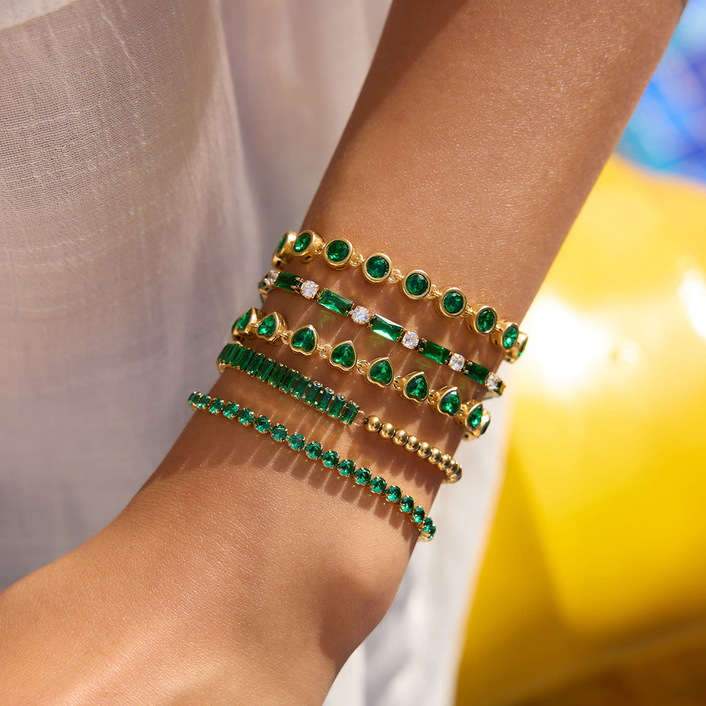 Trendy Real Gold Plated Stainless Steel Bracelet Diamond-Shaped Green Zircons Holiday-Style Decorative Chain Crown-Shaped