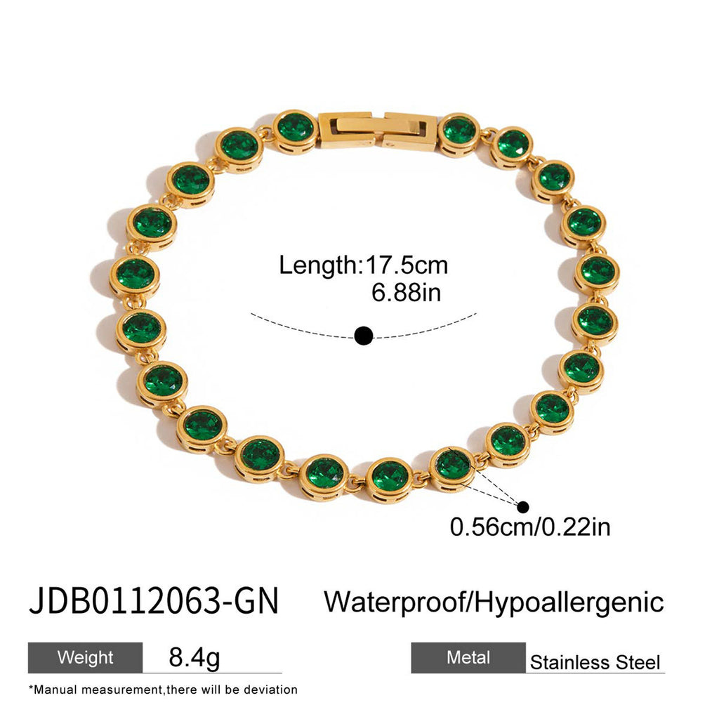 Trendy Real Gold Plated Stainless Steel Bracelet Diamond-Shaped Green Zircons Holiday-Style Decorative Chain Crown-Shaped