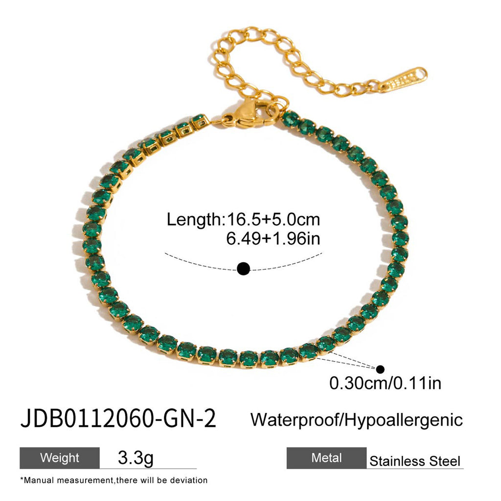 Trendy Real Gold Plated Stainless Steel Bracelet Diamond-Shaped Green Zircons Holiday-Style Decorative Chain Crown-Shaped