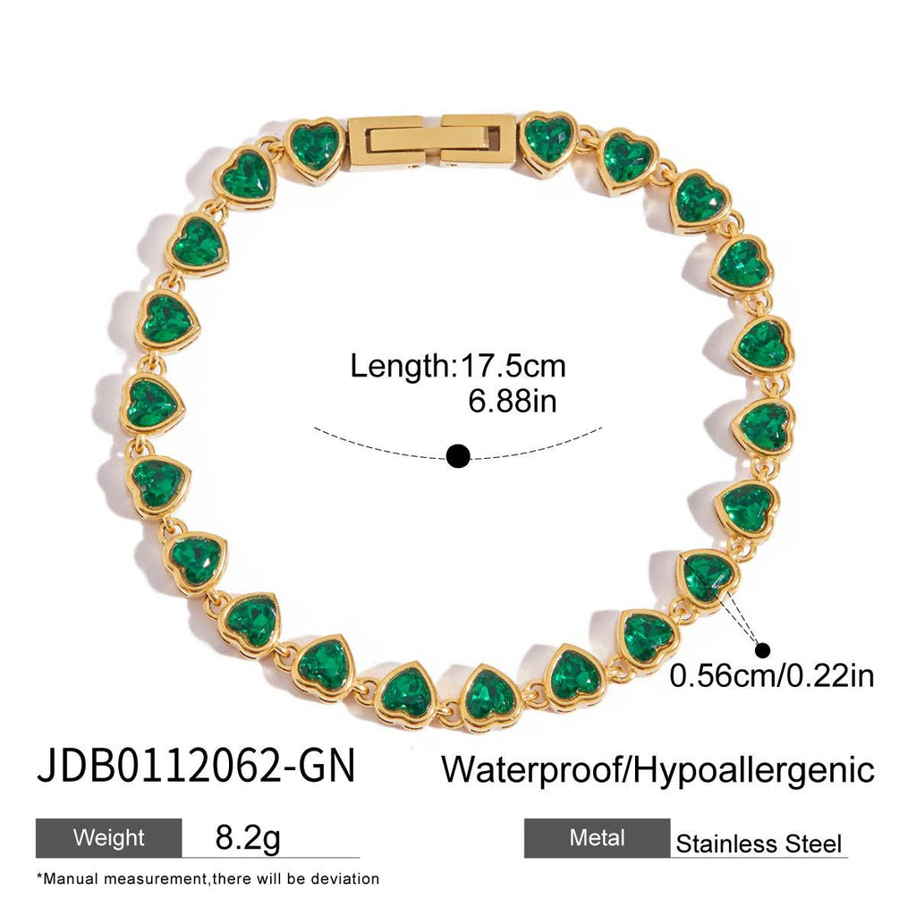 Trendy Real Gold Plated Stainless Steel Bracelet Diamond-Shaped Green Zircons Holiday-Style Decorative Chain Crown-Shaped