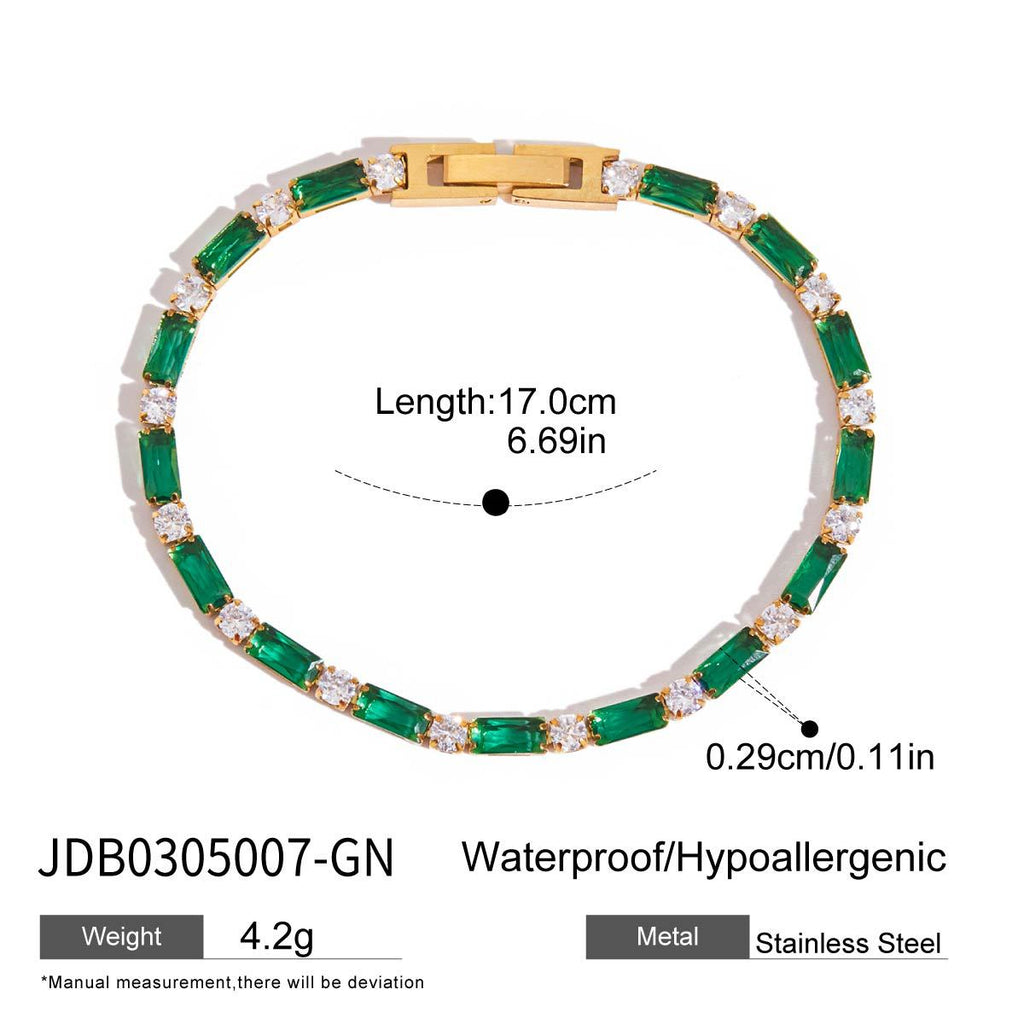 Trendy Real Gold Plated Stainless Steel Bracelet Diamond-Shaped Green Zircons Holiday-Style Decorative Chain Crown-Shaped