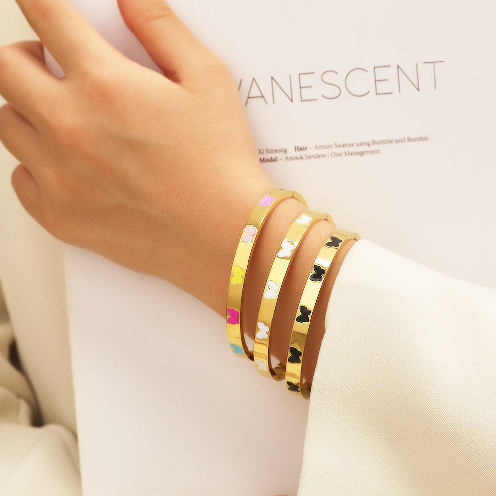 18K Gold PVD Plated Stainless Steel Fashion Bracelets Colorful Enamel Butterflies Open Close Bangles for Girls