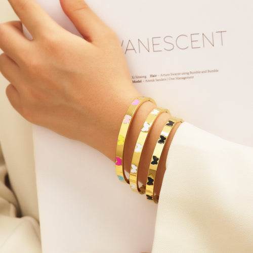 18K Gold PVD Plated Stainless Steel Fashion Bracelets Colorful Enamel Butterflies Open Close Bangles for Girls