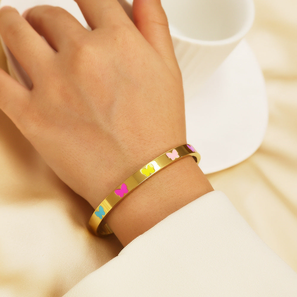 18K Gold PVD Plated Stainless Steel Fashion Bracelets Colorful Enamel Butterflies Open Close Bangles for Girls