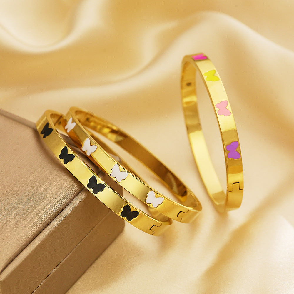 18K Gold PVD Plated Stainless Steel Fashion Bracelets Colorful Enamel Butterflies Open Close Bangles for Girls