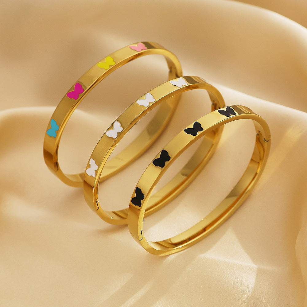 18K Gold PVD Plated Stainless Steel Fashion Bracelets Colorful Enamel Butterflies Open Close Bangles for Girls