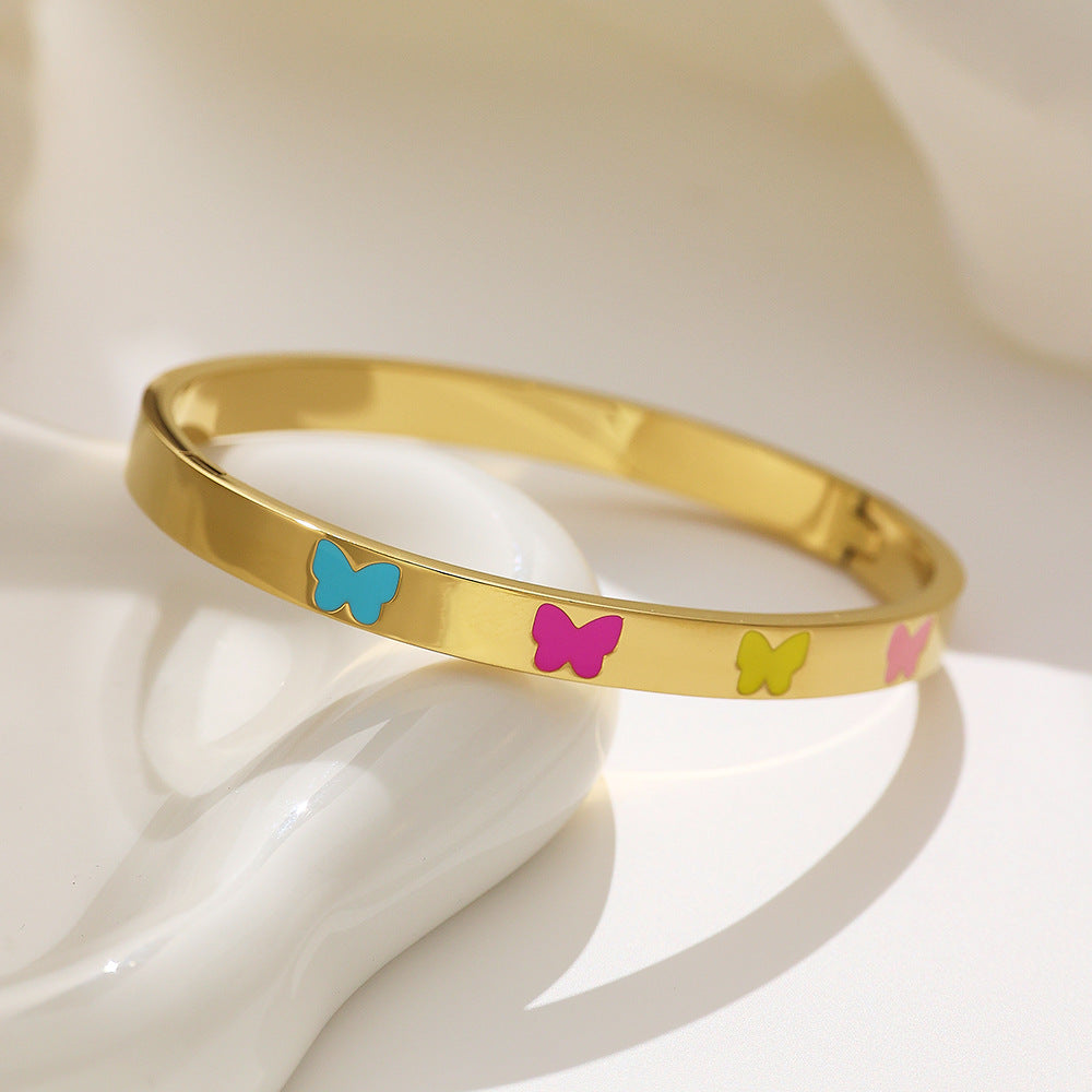 18K Gold PVD Plated Stainless Steel Fashion Bracelets Colorful Enamel Butterflies Open Close Bangles for Girls