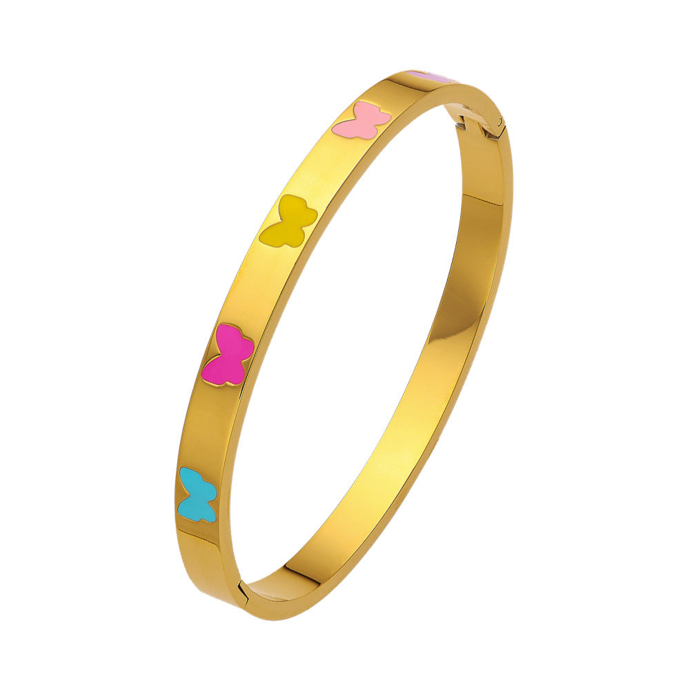 18K Gold PVD Plated Stainless Steel Fashion Bracelets Colorful Enamel Butterflies Open Close Bangles for Girls