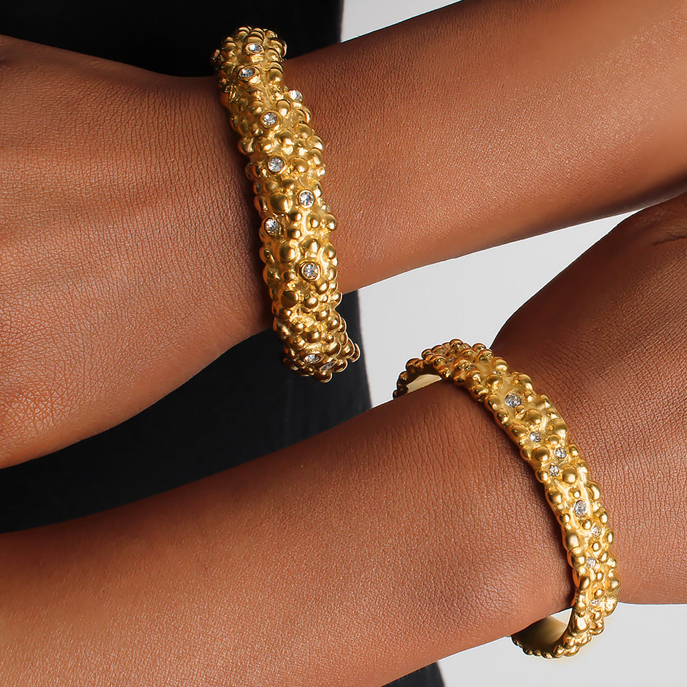 18K Gold PVD Plated Stainless Steel Fashion Cuff Bracelets White Zircon Bangles-Elegant Jewelry with White Zircons