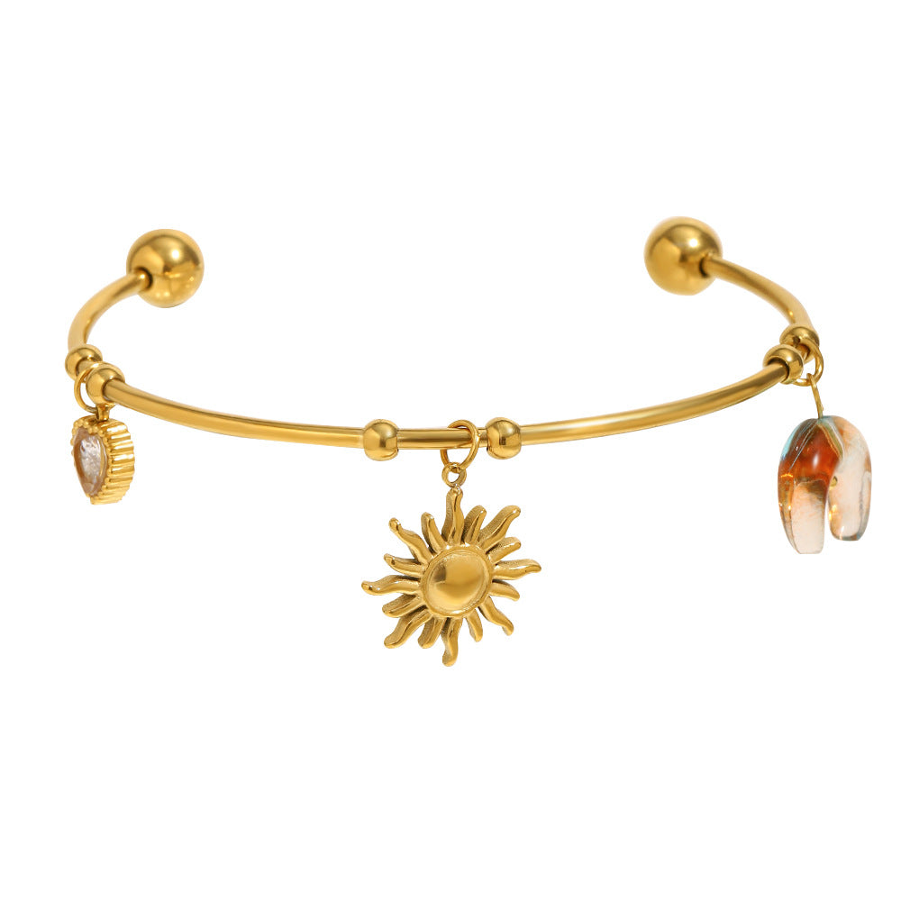Wholesale Open Bangle Fashion Cuff Bracelets Real 18k Gold PVD Plated Stainless Steel with Charms