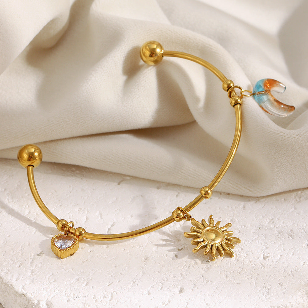 Wholesale Open Bangle Fashion Cuff Bracelets Real 18k Gold PVD Plated Stainless Steel with Charms