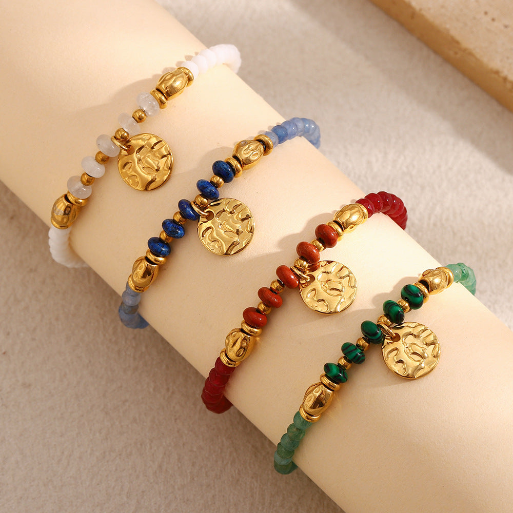 18k Real Gold PVD Plated Stainless Steel Natural Stone Bracelets with Charm